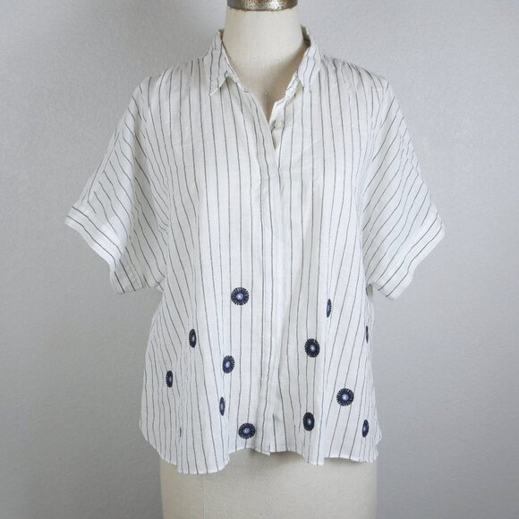 Madewell Striped Embroidered Button Up Blouse Top Short Sleeve XL white - Picture 1 of 6